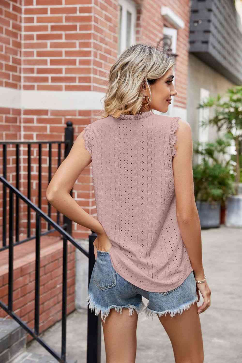 Eyelet Lace Trim Eyelash V - Neck Tank - Loulou Boutique