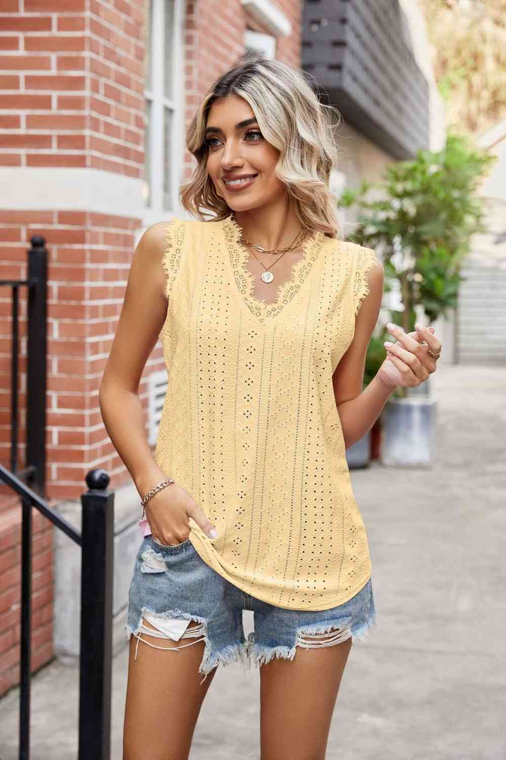 Eyelet Lace Trim Eyelash V - Neck Tank - Loulou Boutique