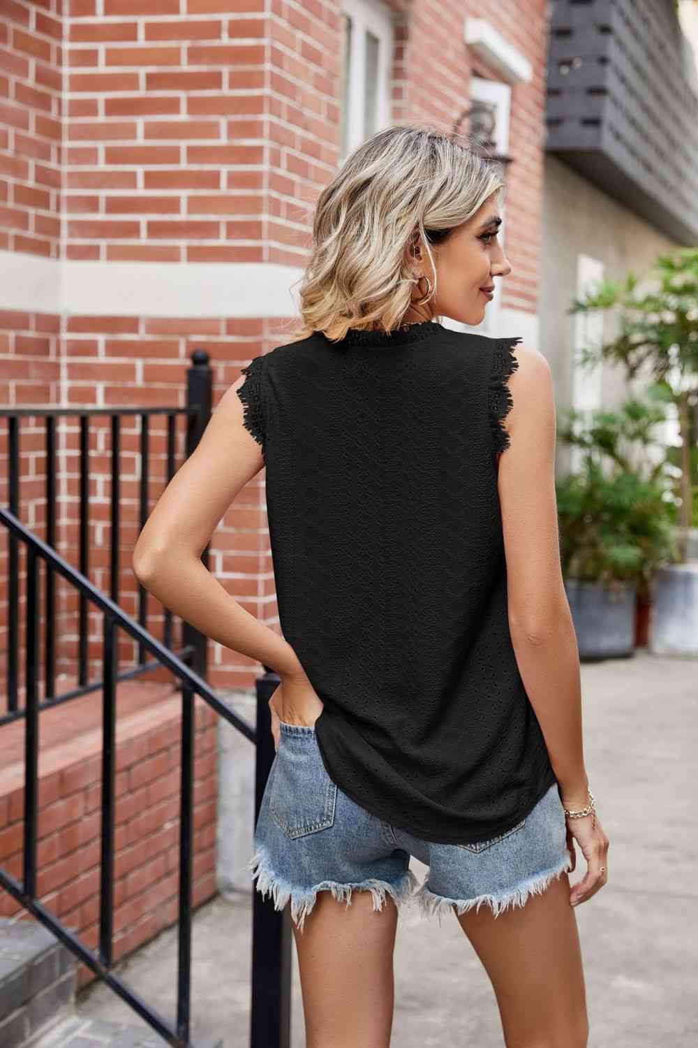 Eyelet Lace Trim Eyelash V - Neck Tank - Loulou Boutique