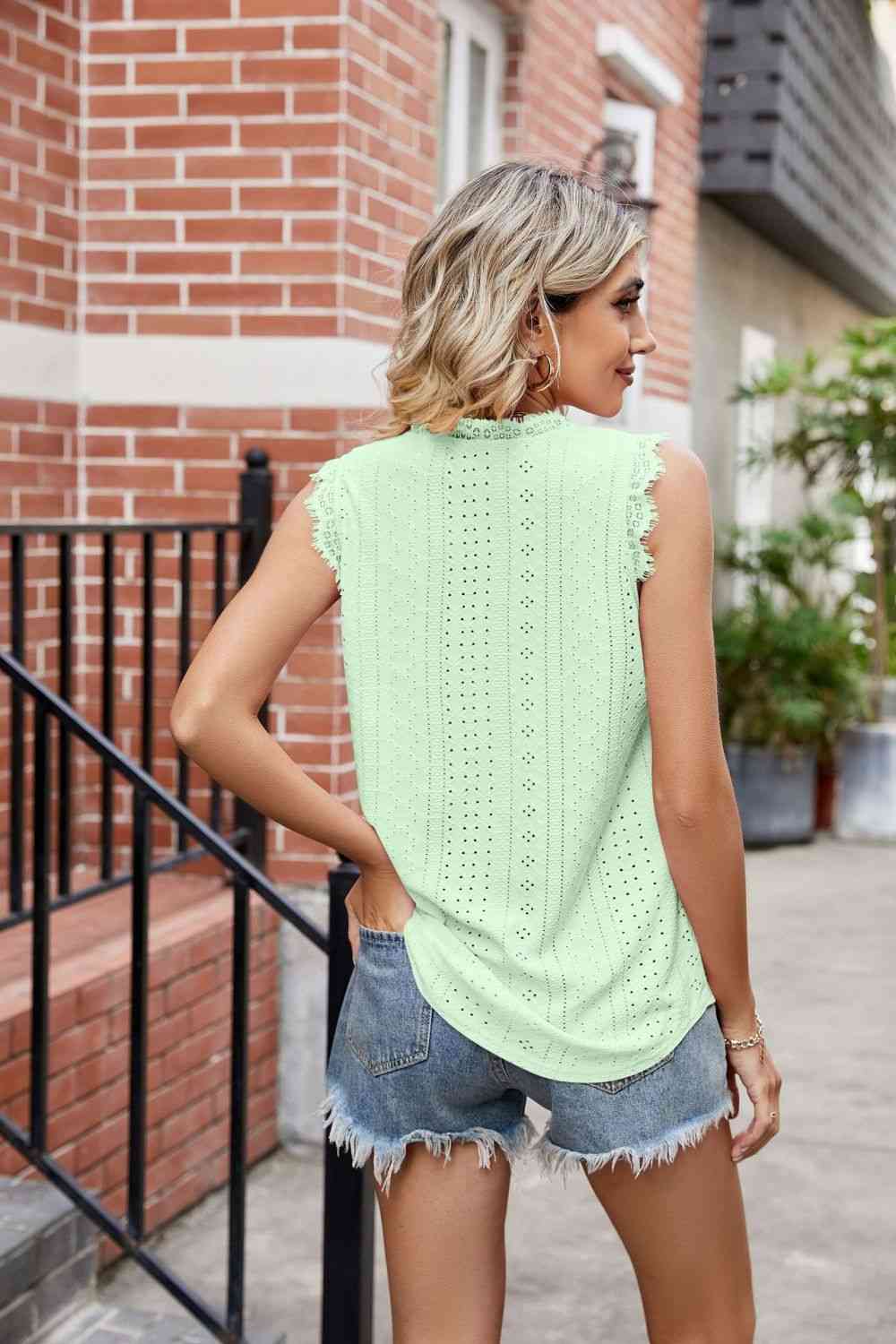 Eyelet Lace Trim Eyelash V - Neck Tank - Loulou Boutique