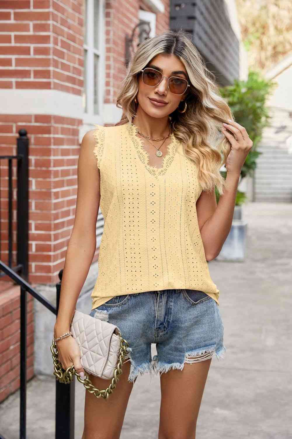 Eyelet Lace Trim Eyelash V - Neck Tank - Loulou Boutique