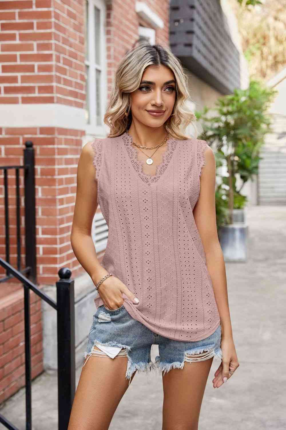 Eyelet Lace Trim Eyelash V - Neck Tank - Loulou Boutique