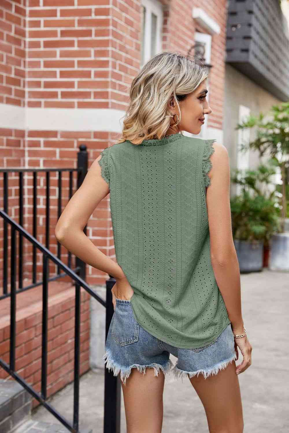 Eyelet Lace Trim Eyelash V - Neck Tank - Loulou Boutique