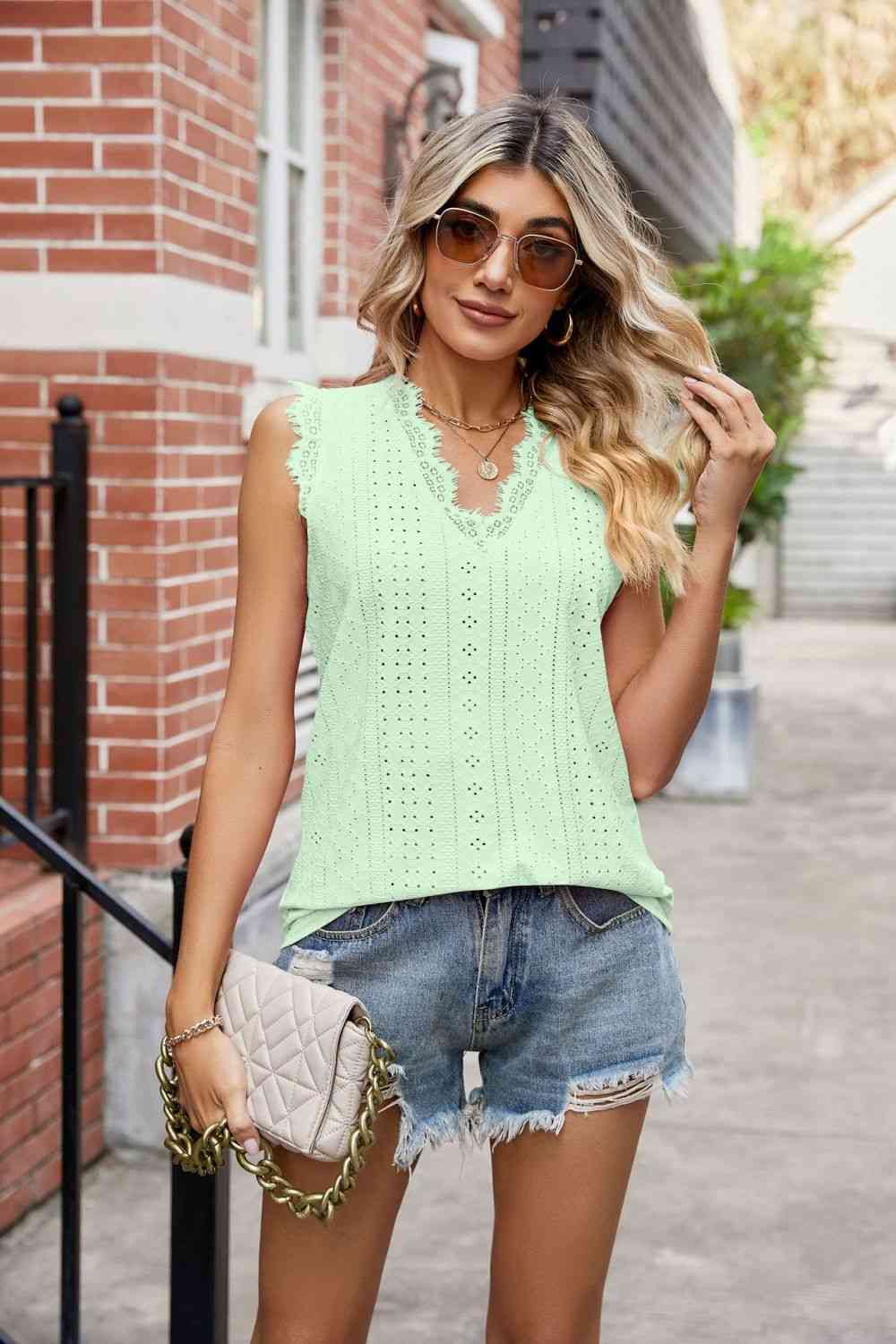 Eyelet Lace Trim Eyelash V - Neck Tank - Loulou Boutique