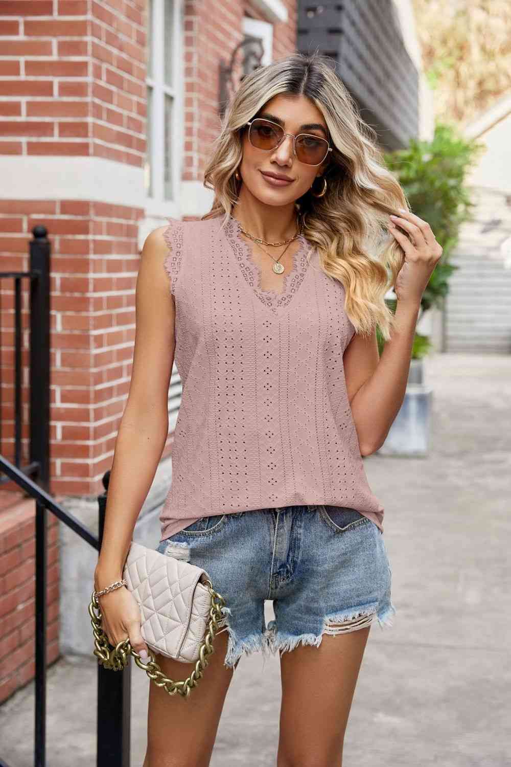 Eyelet Lace Trim Eyelash V - Neck Tank - Loulou Boutique