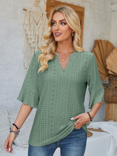 Eyelet Notched Half Sleeve T-Shirt - Loulou Boutique