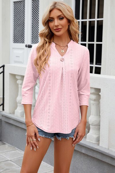 Eyelet Notched Knit Jacquard Top - Loulou Boutique