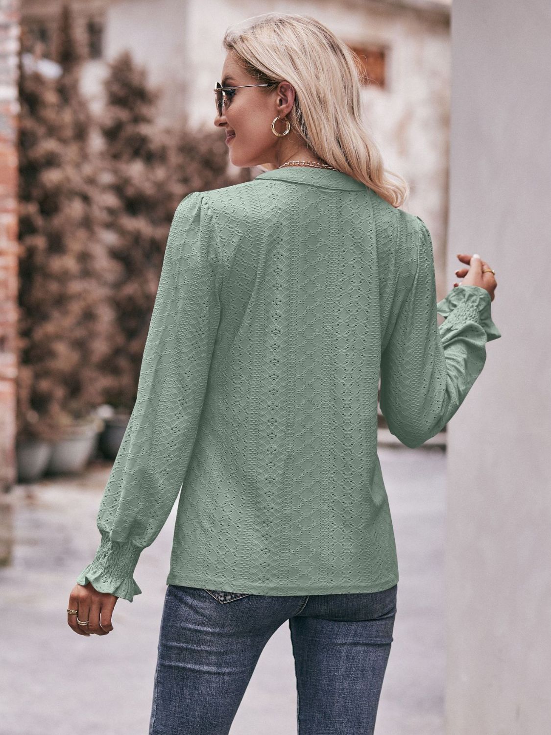 Eyelet Notched Neck Flounce Sleeve Blouse - Loulou Boutique