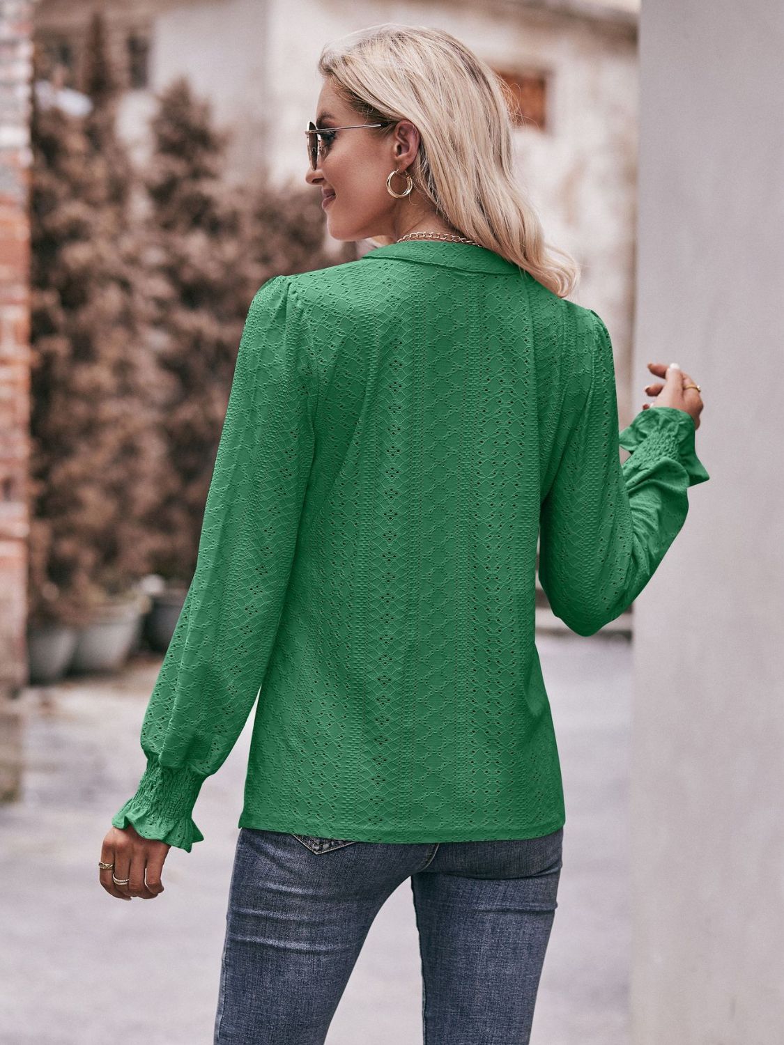 Eyelet Notched Neck Flounce Sleeve Blouse - Loulou Boutique