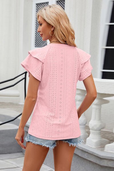 Eyelet Notched Short Sleeve T-Shirt - Loulou Boutique