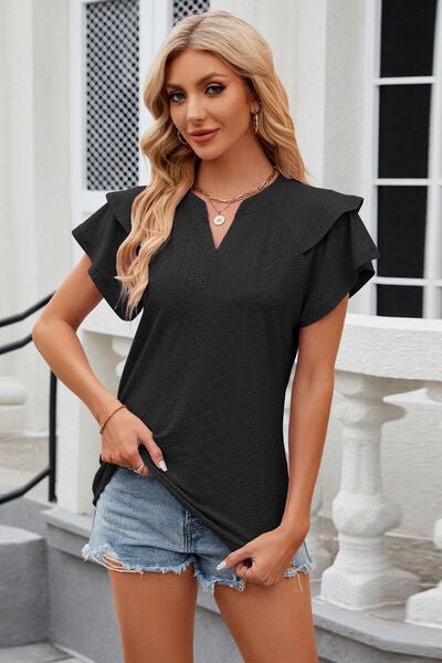 Eyelet Notched Short Sleeve T-Shirt - Loulou Boutique