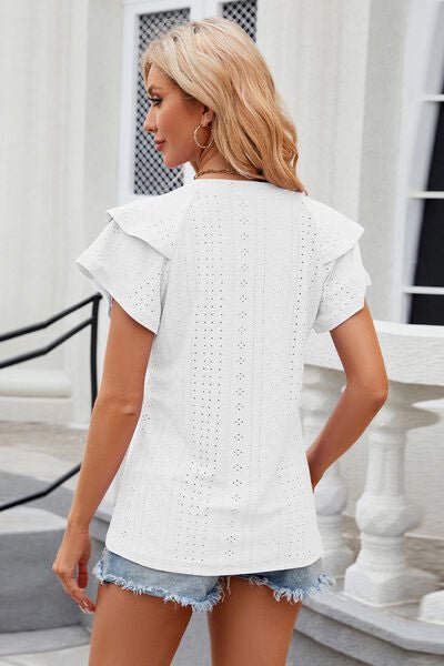 Eyelet Notched Short Sleeve T-Shirt - Loulou Boutique