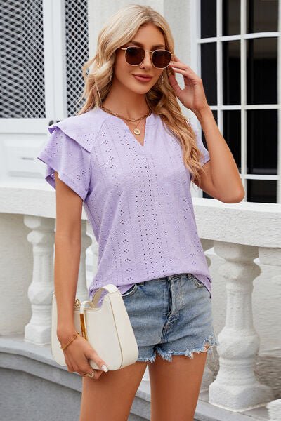 Eyelet Notched Short Sleeve T-Shirt - Loulou Boutique