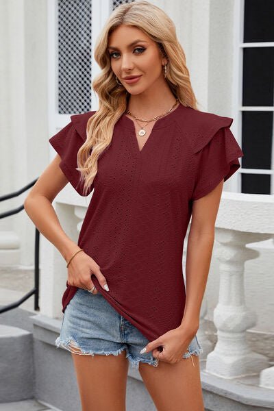 Eyelet Notched Short Sleeve T-Shirt - Loulou Boutique