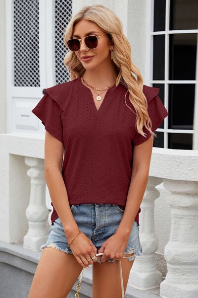 Eyelet Notched Short Sleeve T-Shirt - Loulou Boutique