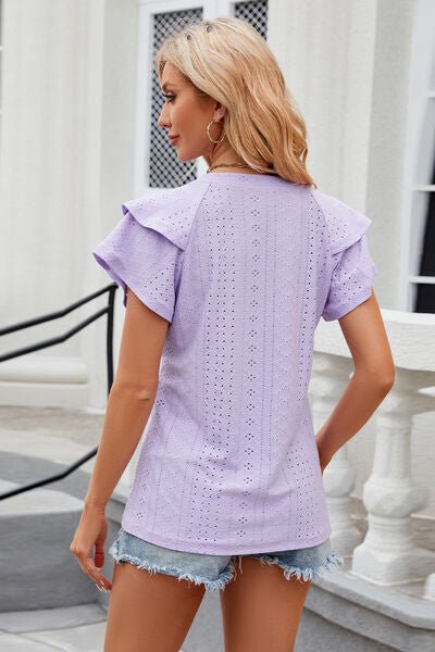 Eyelet Notched Short Sleeve T-Shirt - Loulou Boutique