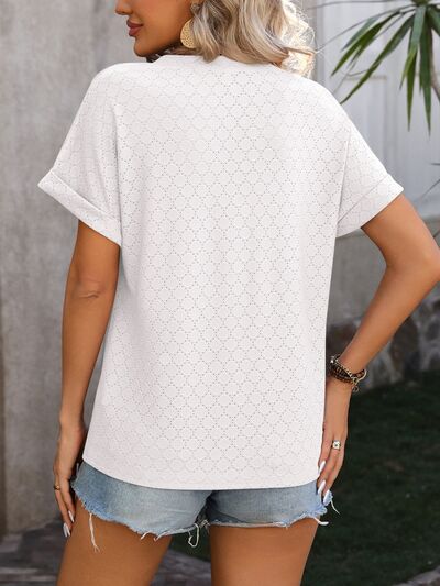 Eyelet Notched Short Sleeve T-Shirt - Loulou Boutique