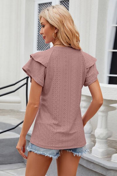 Eyelet Notched Short Sleeve T-Shirt - Loulou Boutique