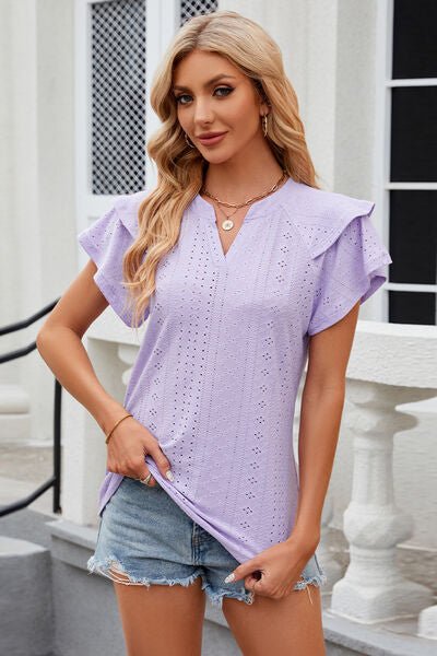 Eyelet Notched Short Sleeve T-Shirt - Loulou Boutique