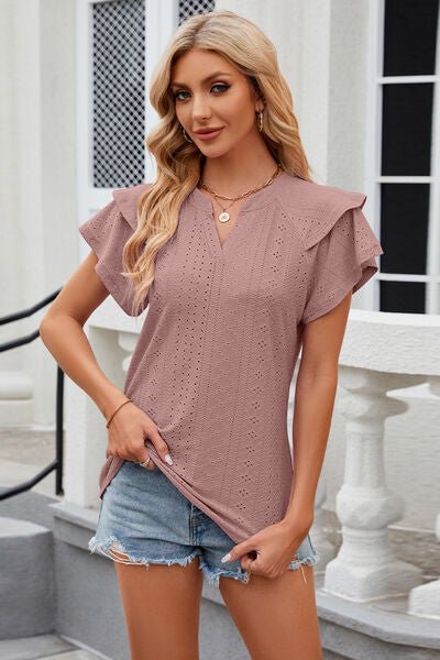 Eyelet Notched Short Sleeve T-Shirt - Loulou Boutique