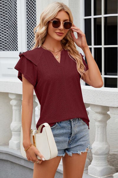 Eyelet Notched Short Sleeve T-Shirt - Loulou Boutique