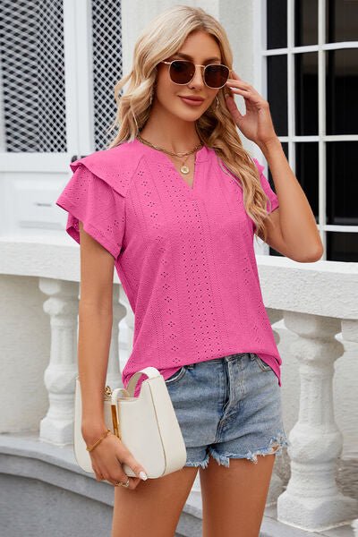 Eyelet Notched Short Sleeve T-Shirt - Loulou Boutique