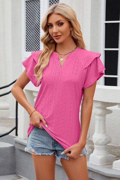 Eyelet Notched Short Sleeve T-Shirt - Loulou Boutique