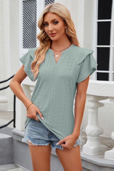 Eyelet Notched Short Sleeve T-Shirt - Loulou Boutique