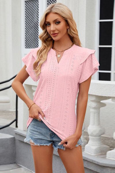 Eyelet Notched Short Sleeve T-Shirt - Loulou Boutique