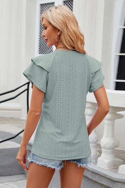 Eyelet Notched Short Sleeve T-Shirt - Loulou Boutique