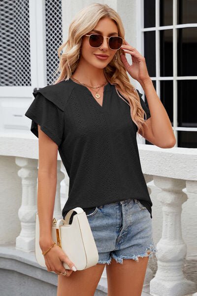 Eyelet Notched Short Sleeve T-Shirt - Loulou Boutique