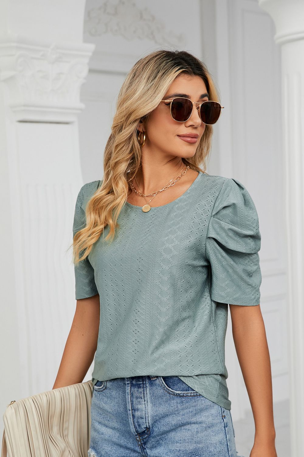 Eyelet Puff Sleeve Round Neck Blouse - Loulou Boutique