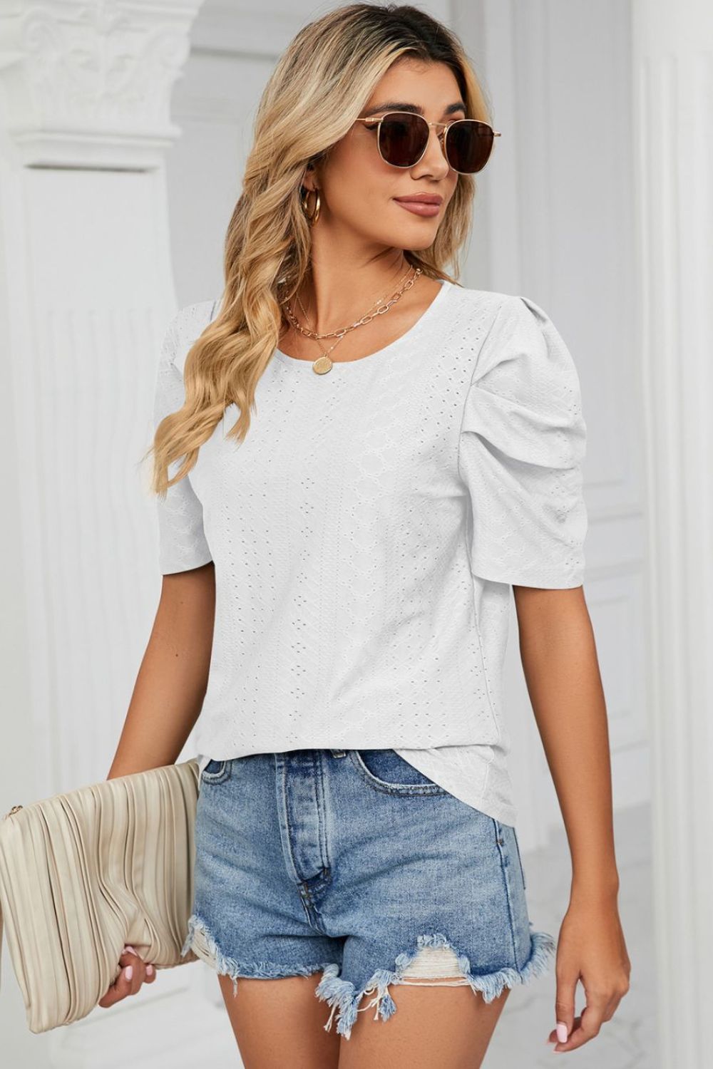 Eyelet Puff Sleeve Round Neck Blouse - Loulou Boutique