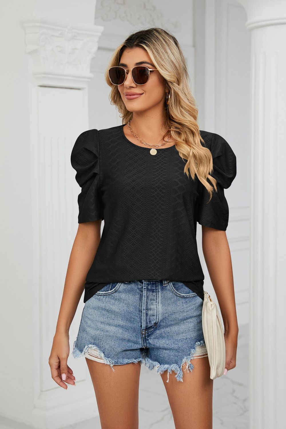 Eyelet Puff Sleeve Round Neck Blouse - Loulou Boutique