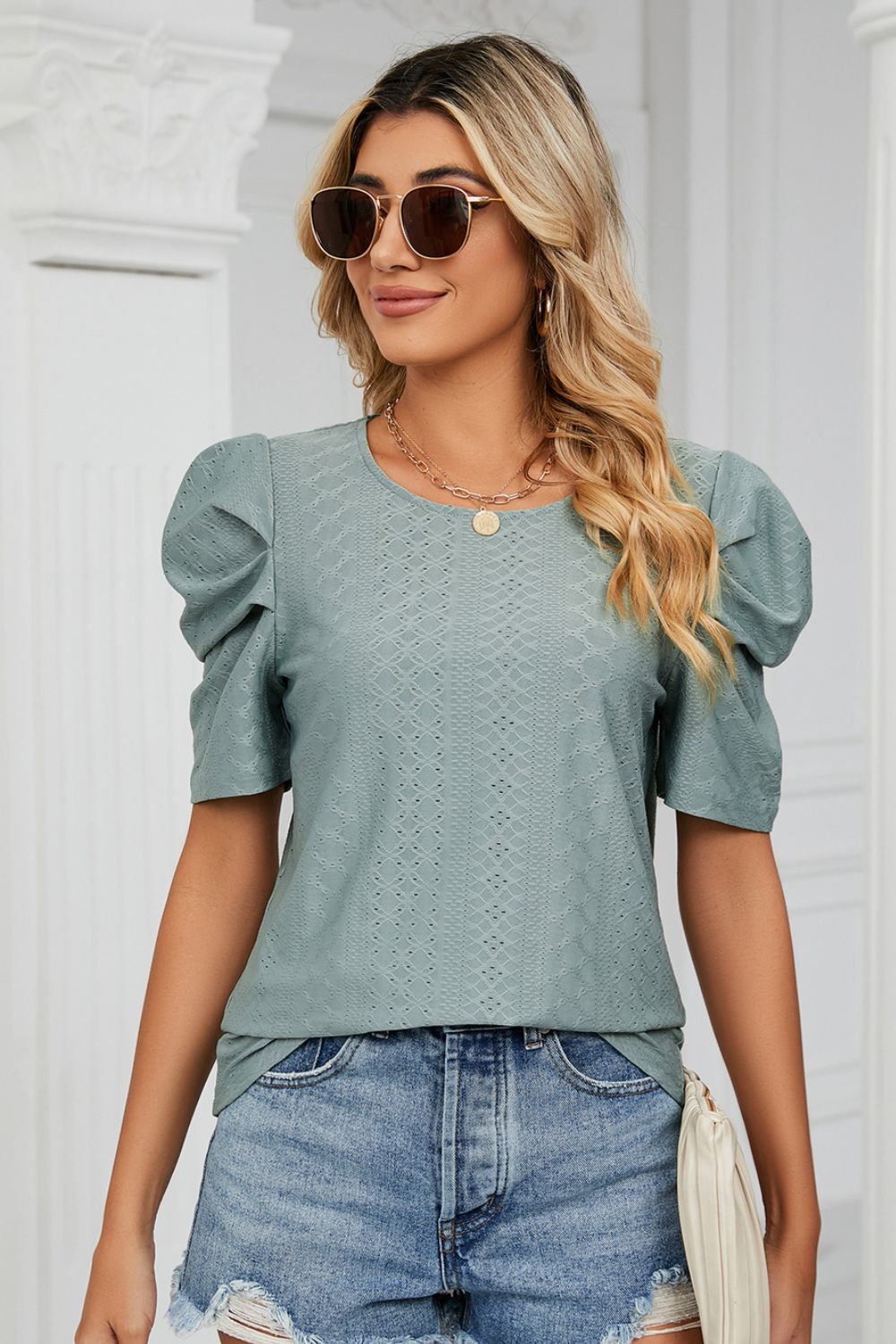 Eyelet Puff Sleeve Round Neck Blouse - Loulou Boutique