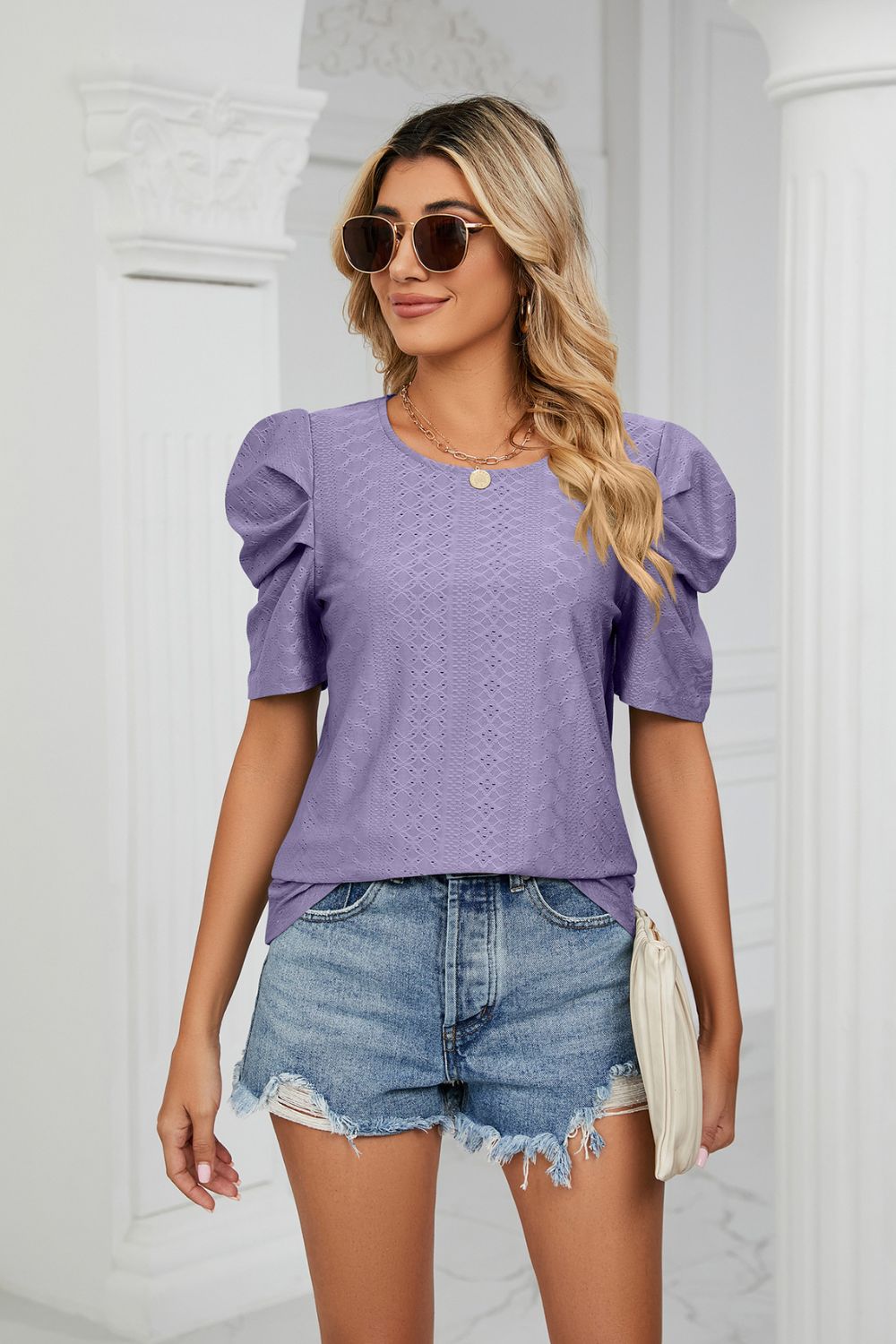 Eyelet Puff Sleeve Round Neck Blouse - Loulou Boutique