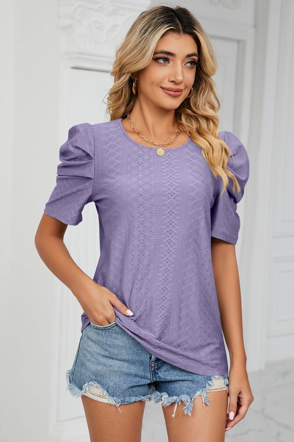 Eyelet Puff Sleeve Round Neck Blouse - Loulou Boutique