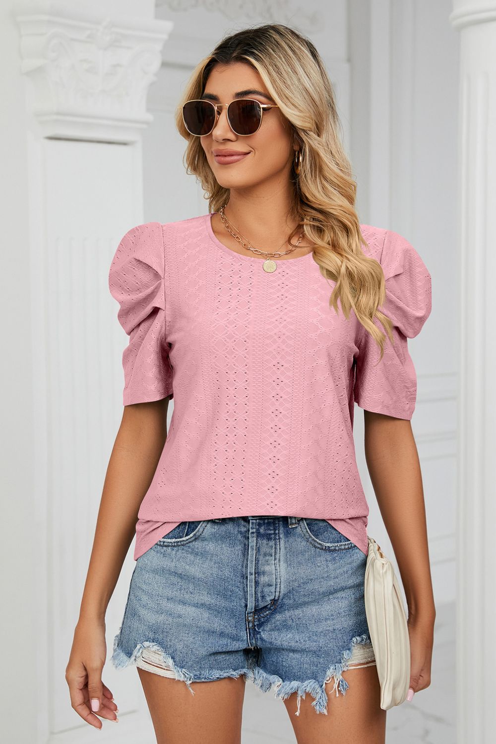 Eyelet Puff Sleeve Round Neck Blouse - Loulou Boutique