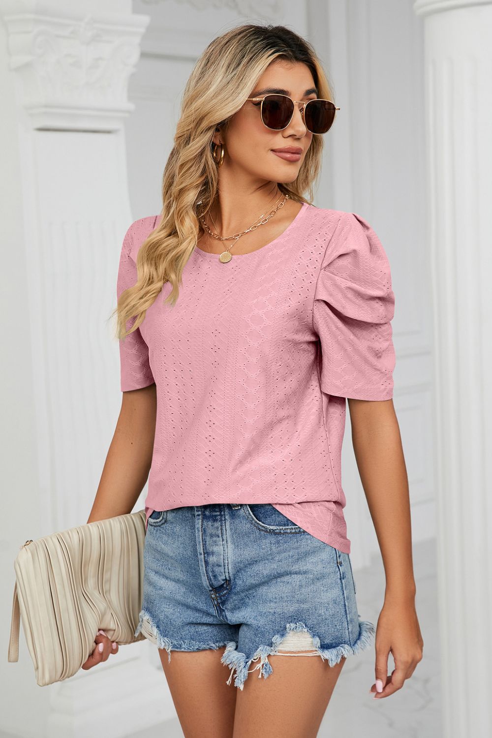 Eyelet Puff Sleeve Round Neck Blouse - Loulou Boutique