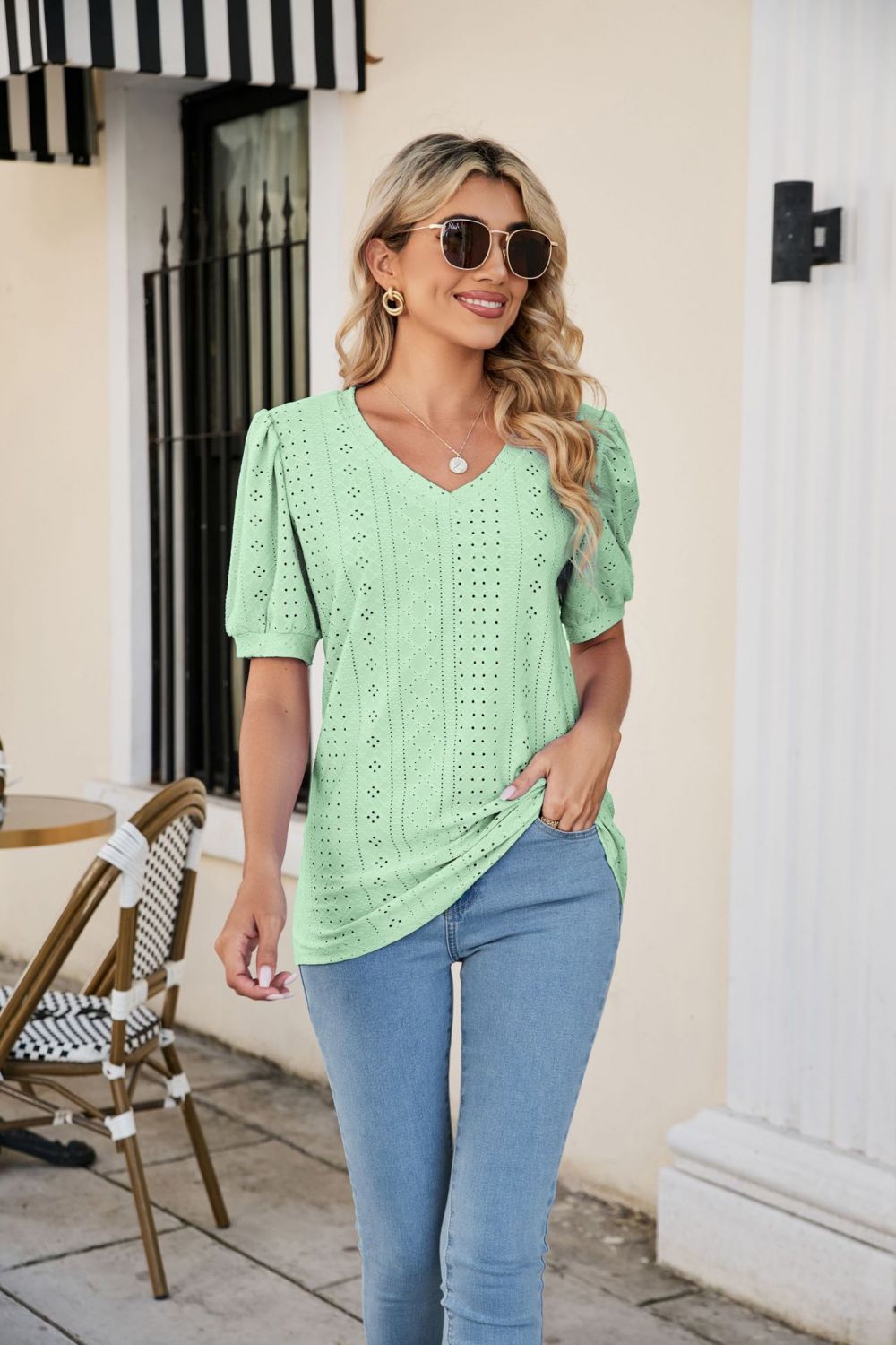 Eyelet Puff Sleeve V - Neck Top - Loulou Boutique