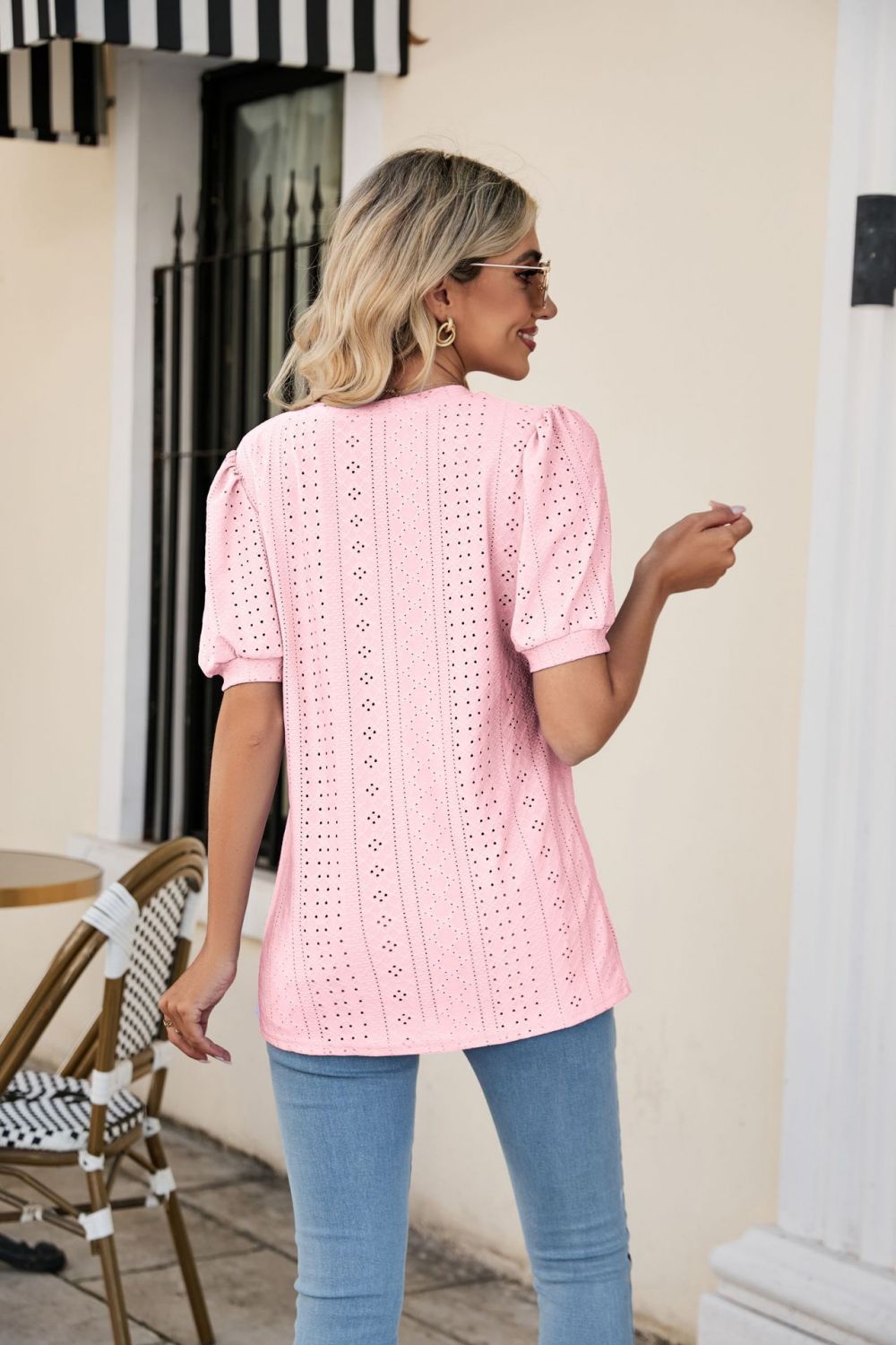 Eyelet Puff Sleeve V - Neck Top - Loulou Boutique