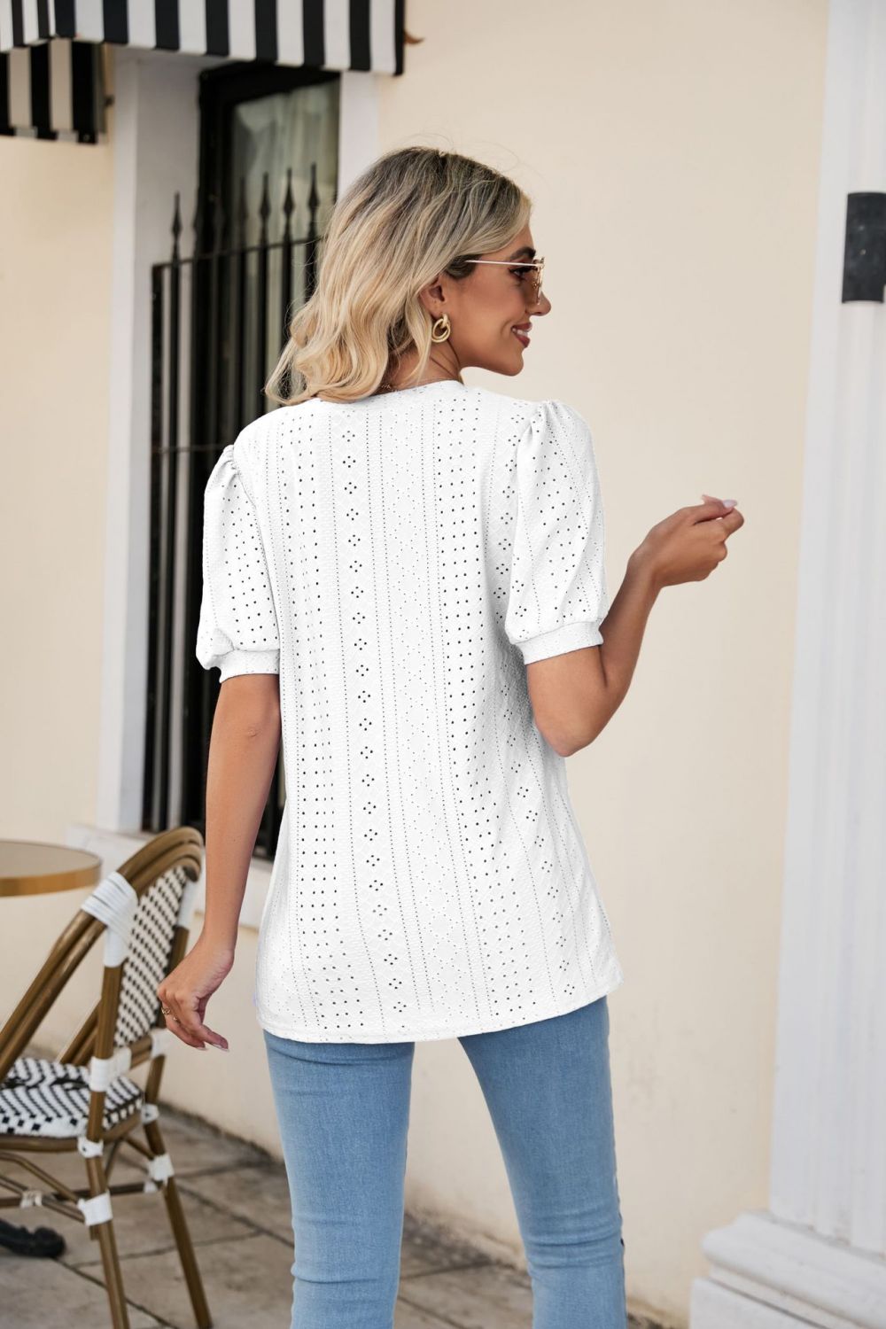 Eyelet Puff Sleeve V - Neck Top - Loulou Boutique