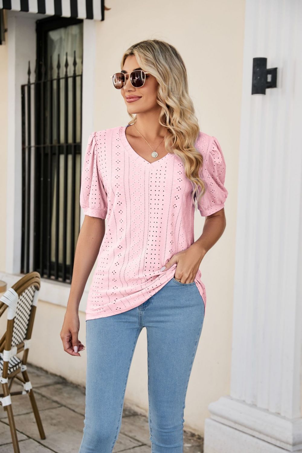 Eyelet Puff Sleeve V - Neck Top - Loulou Boutique