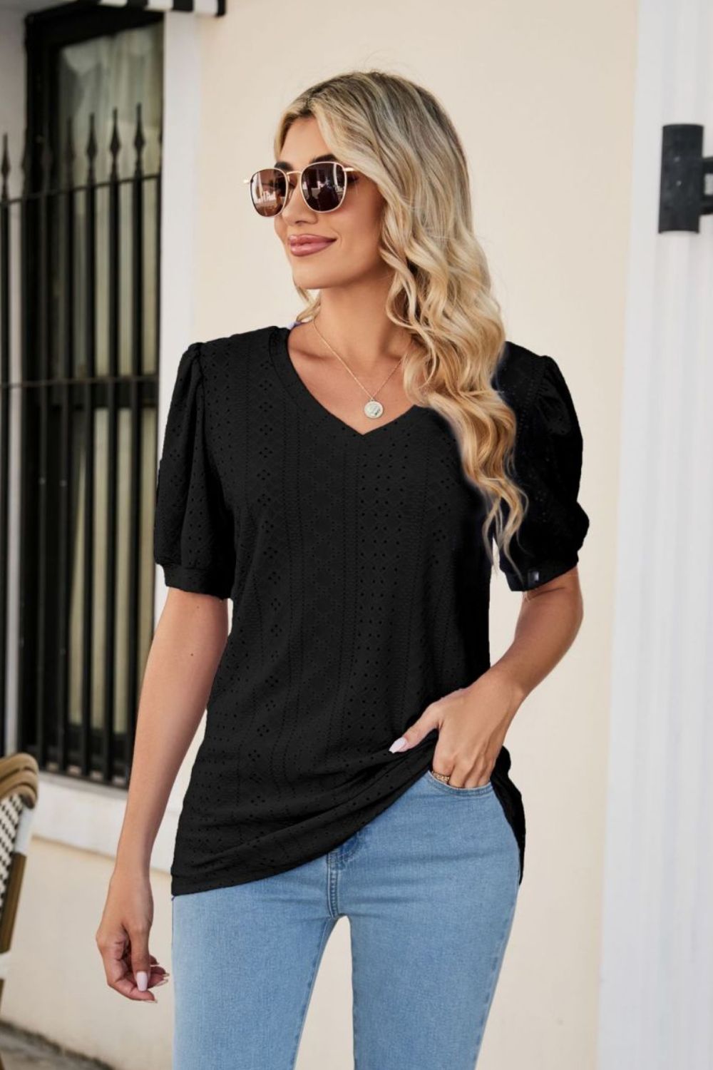 Eyelet Puff Sleeve V - Neck Top - Loulou Boutique