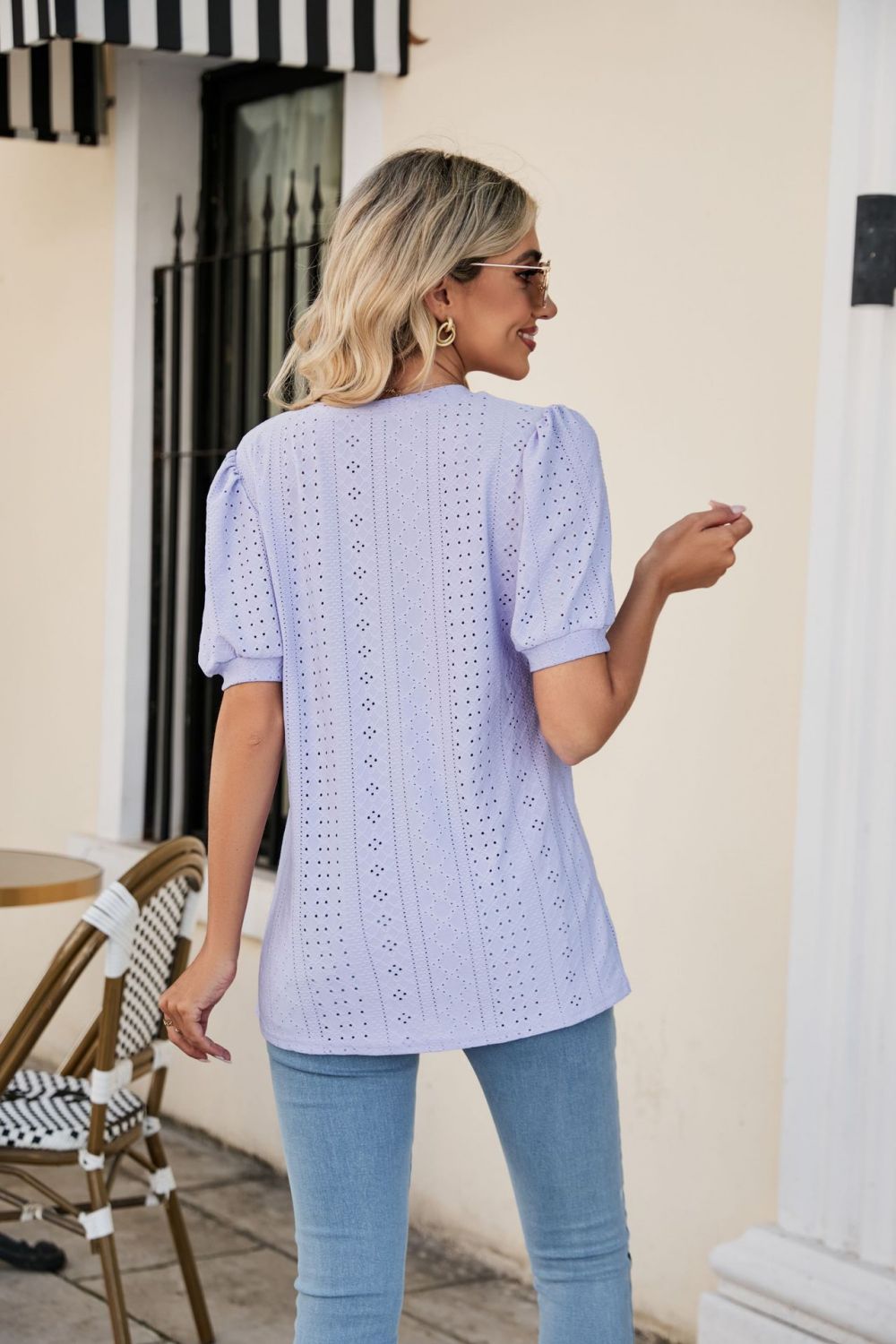 Eyelet Puff Sleeve V - Neck Top - Loulou Boutique