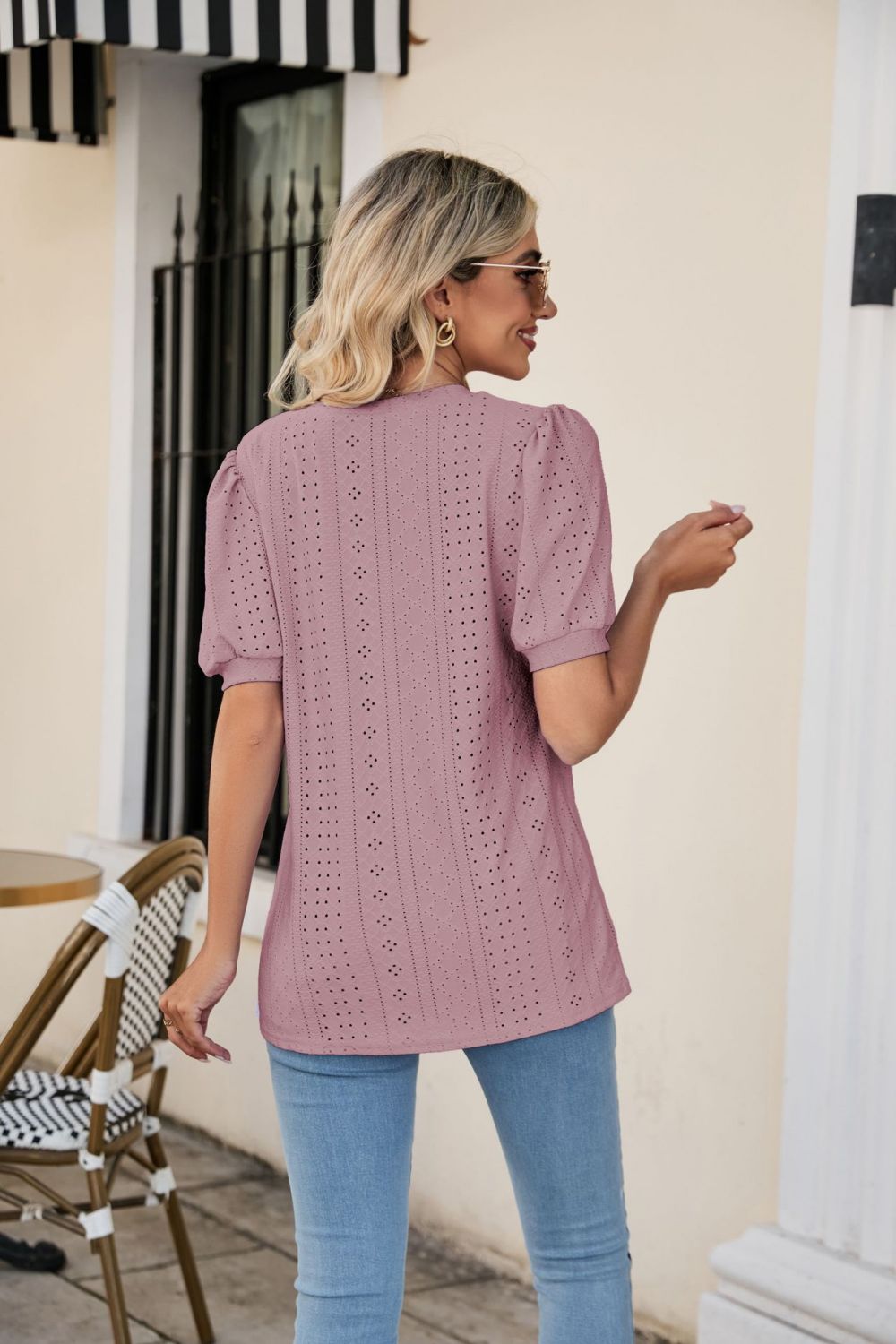 Eyelet Puff Sleeve V - Neck Top - Loulou Boutique