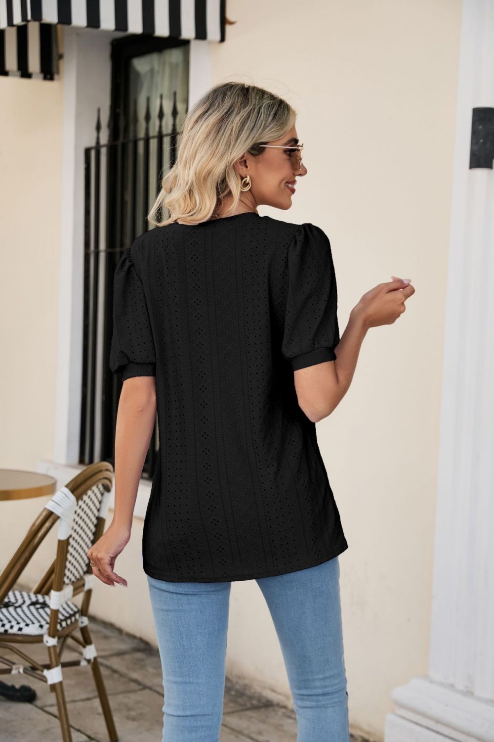 Eyelet Puff Sleeve V - Neck Top - Loulou Boutique