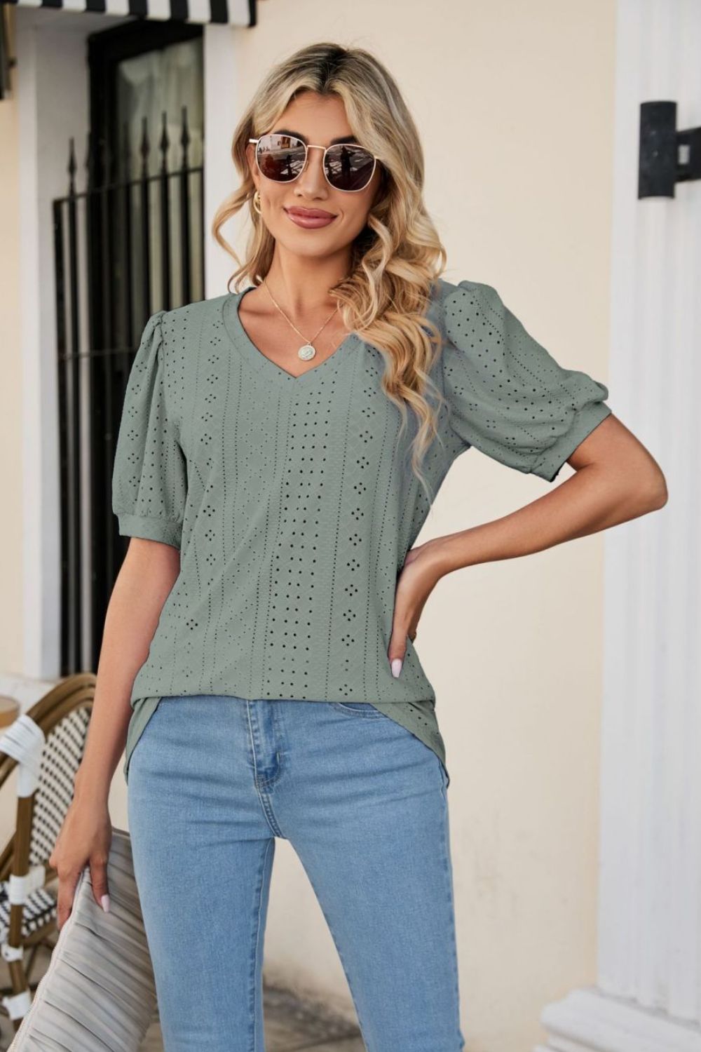 Eyelet Puff Sleeve V - Neck Top - Loulou Boutique