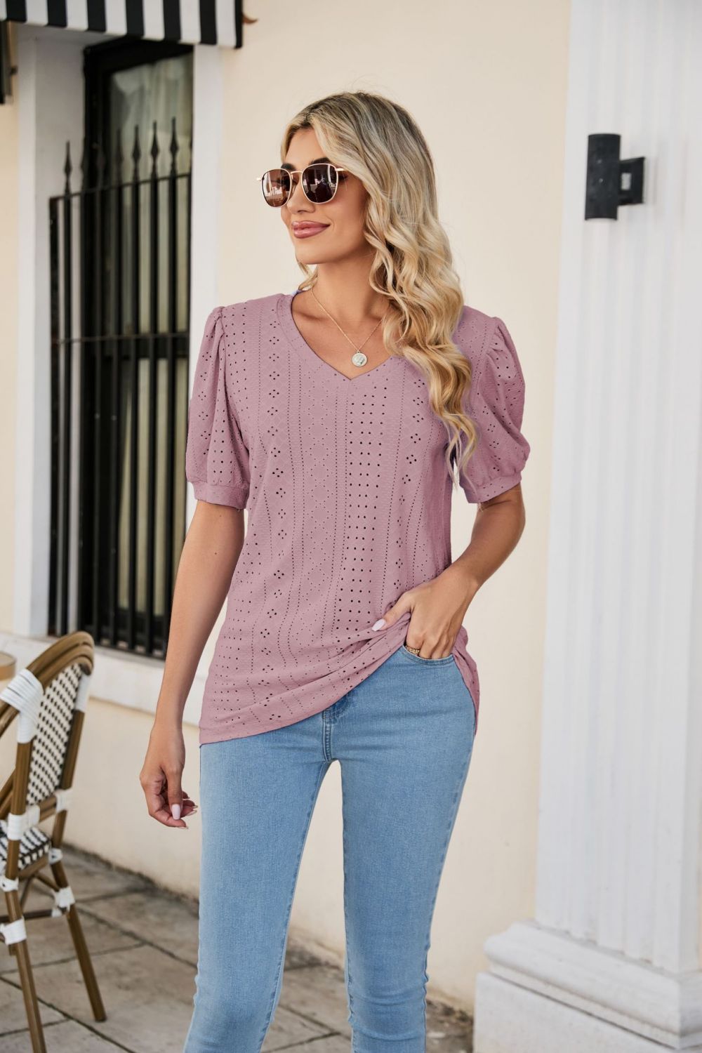 Eyelet Puff Sleeve V - Neck Top - Loulou Boutique