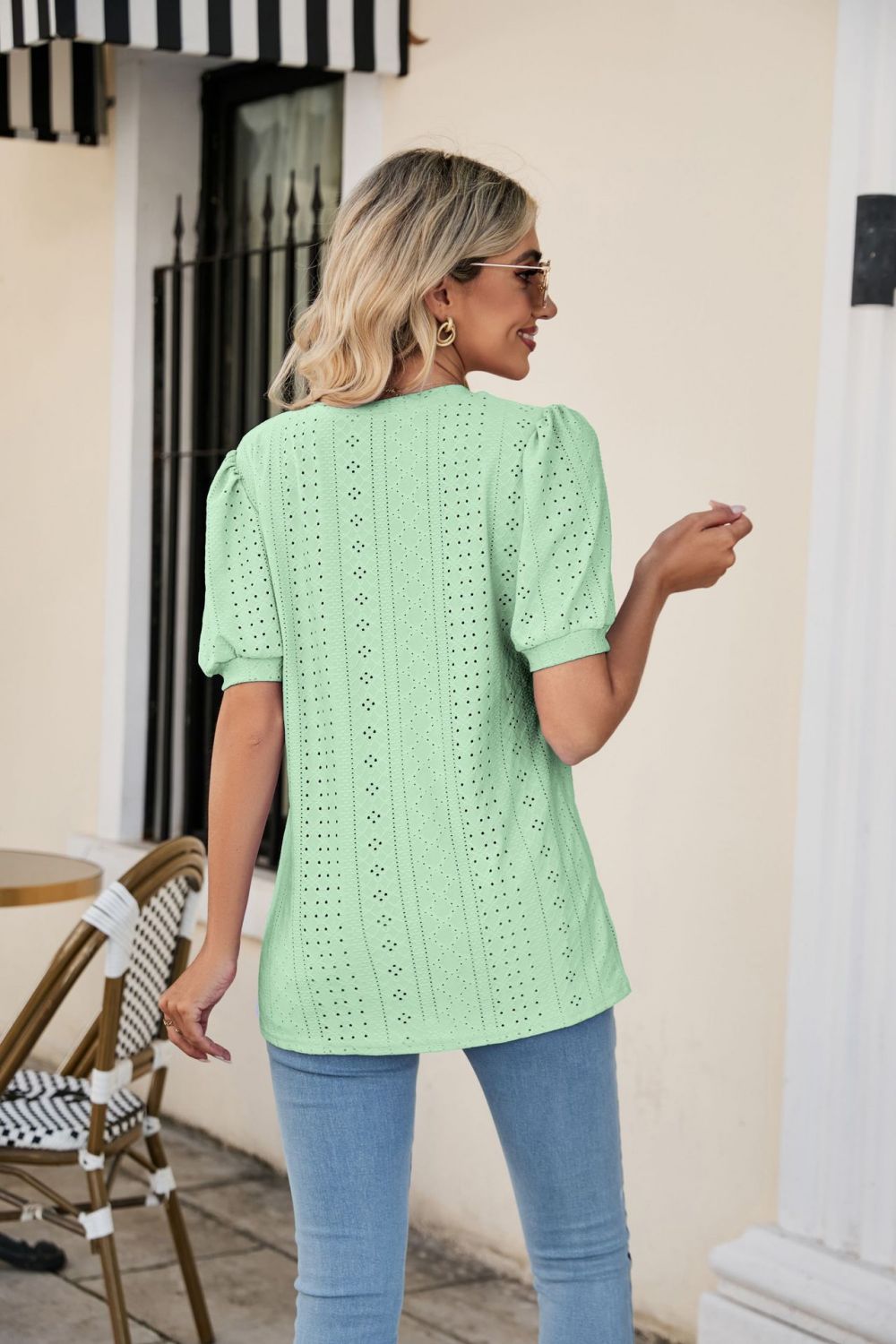 Eyelet Puff Sleeve V - Neck Top - Loulou Boutique